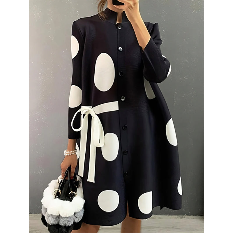 Long Sleeves Loose Asymmetric Buttoned Polka-Dot Tied Mock Neck Midi Dresses