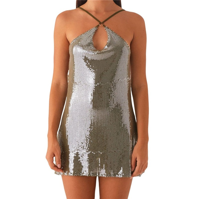 Backless Halter Sequin Bodycon Mini Dress
