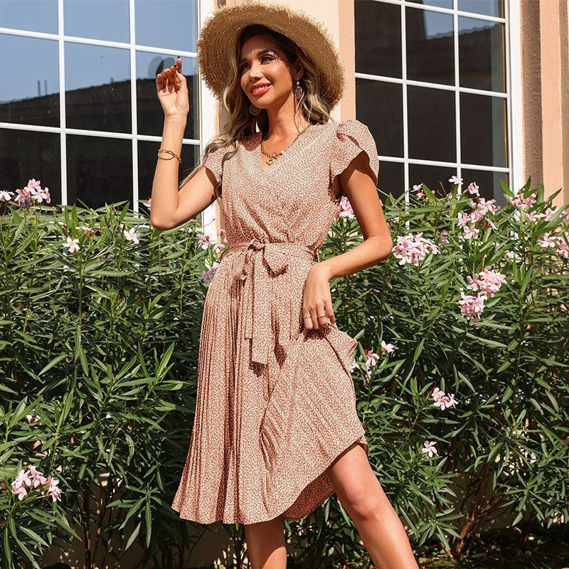 Summer Green Printed Pleated V-Neck Boho Dress