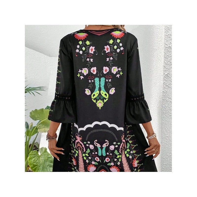 V Neck Lace Trim Print Casual Dress