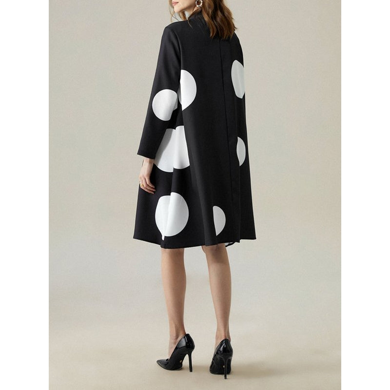 Long Sleeves Loose Asymmetric Buttoned Polka-Dot Tied Mock Neck Midi Dresses