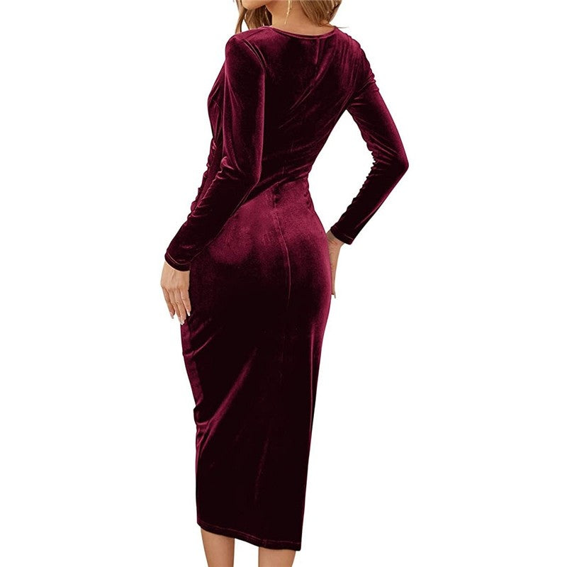 Solid V-Neck Midi Bodycon Dress