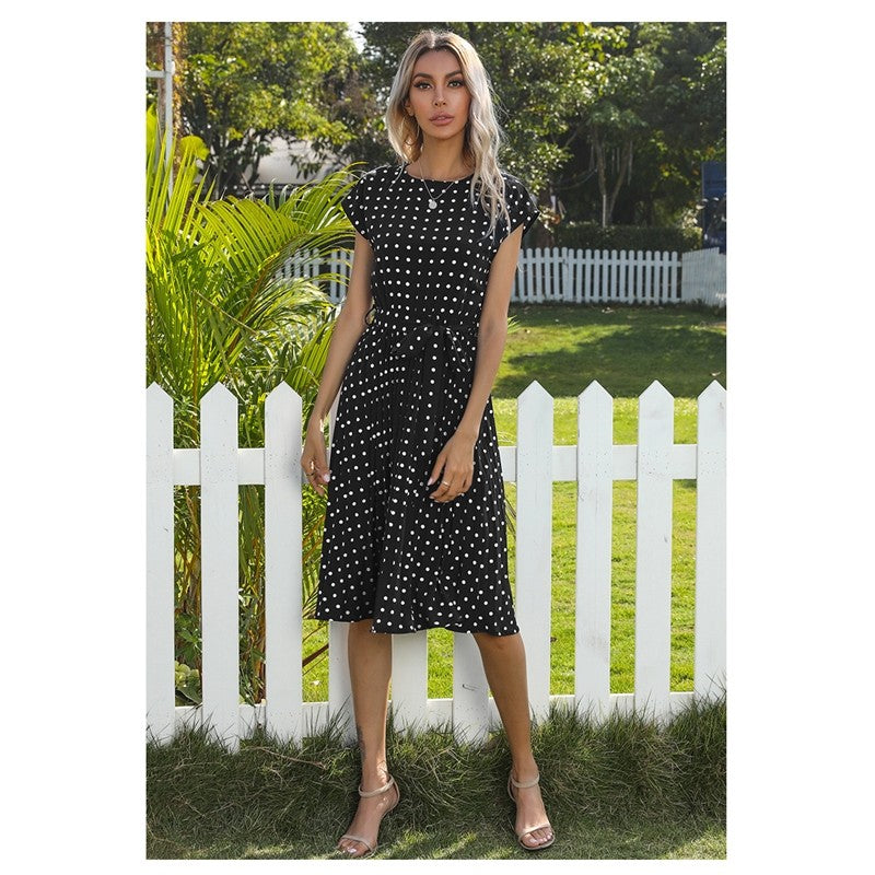 Polka-Dot Short-Sleeve Lace-Up Boho Dress