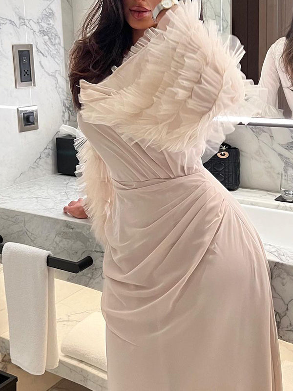 Solid Color Pleated Tied Waist Flared Sleeves Long Sleeves Maxi Dresses