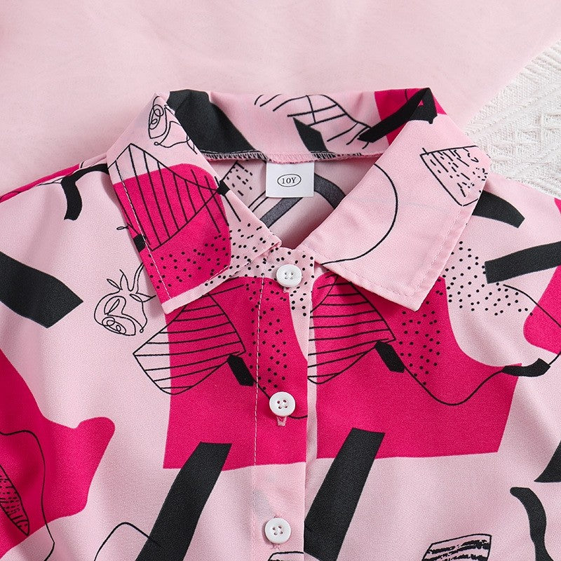 Printed Short Sleeve Shirt Skirt Pants Girl's Set
