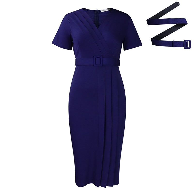 V Neck Waist Belted Pencil Dress
