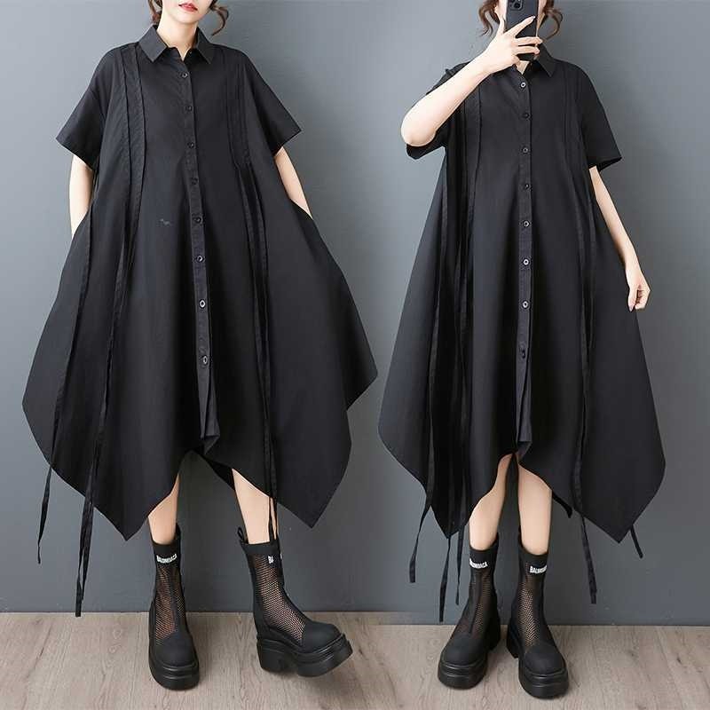 Black Waist Tie Plus Size Shirt Dress