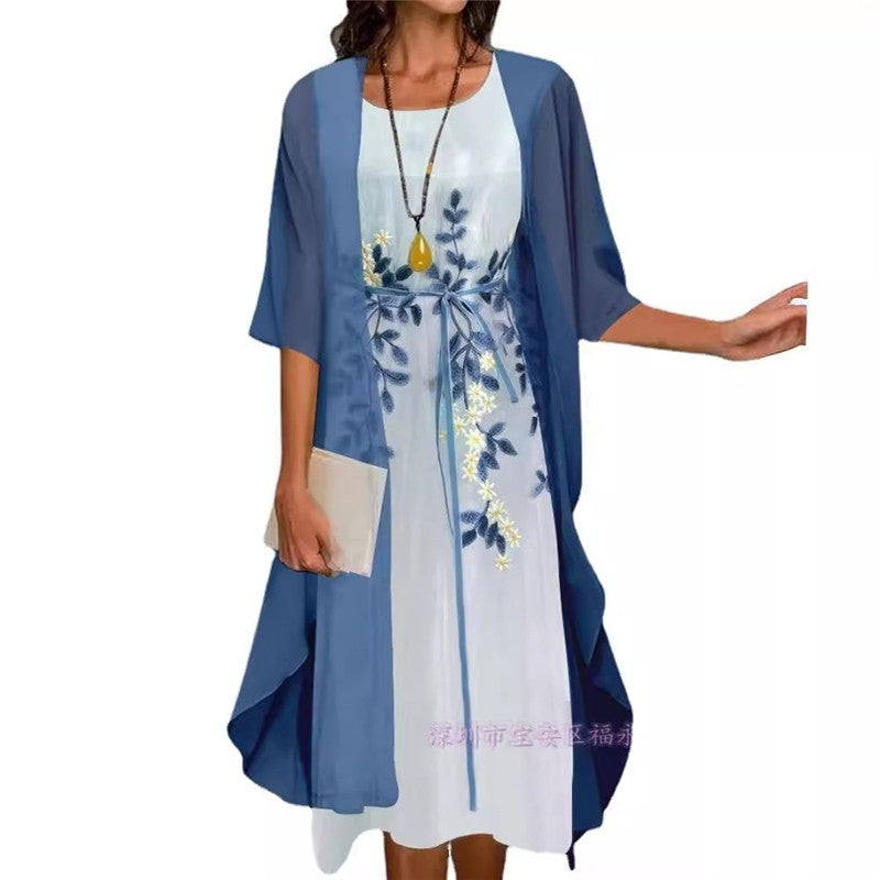 Solid Color Embroidered Cardigan Dress Two Piece Set