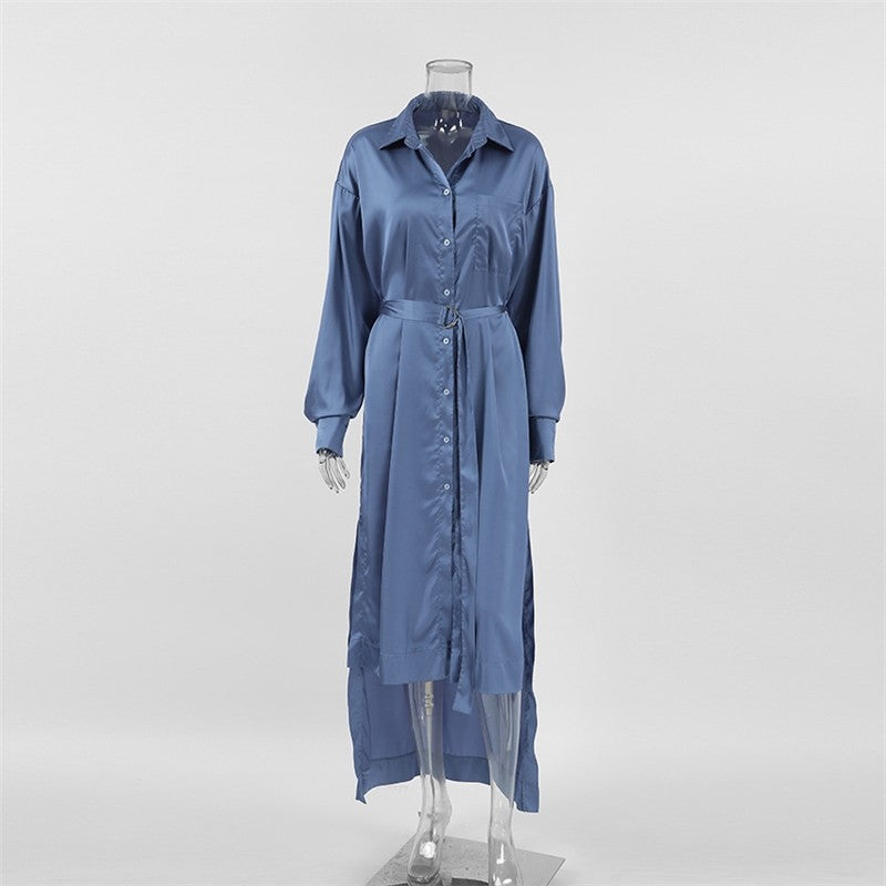 Solid Satin Belted A Line Shirt Dress