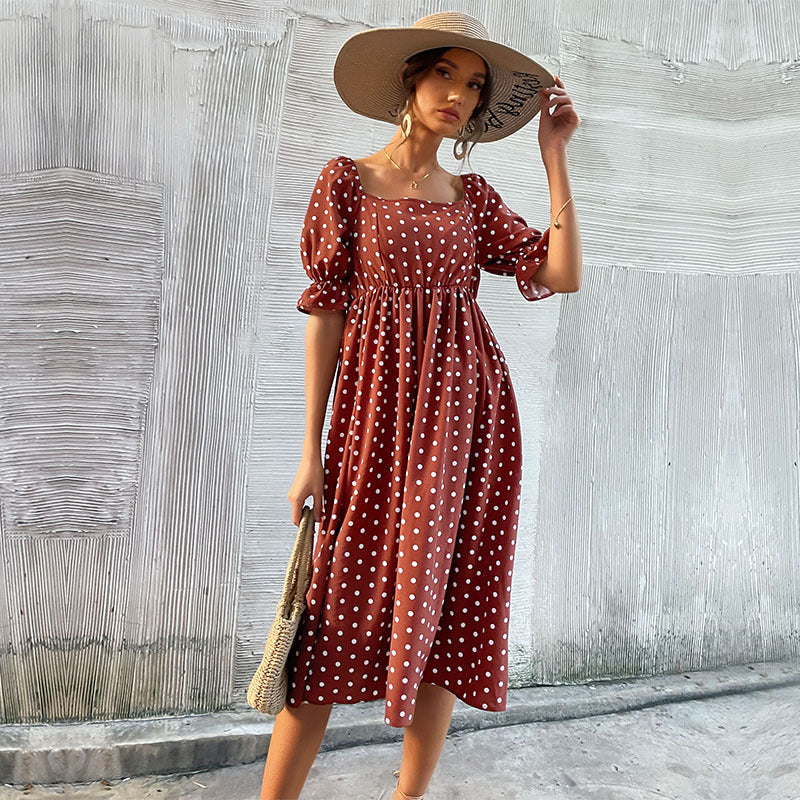 Puff Sleeves Square Neck Midi Dress