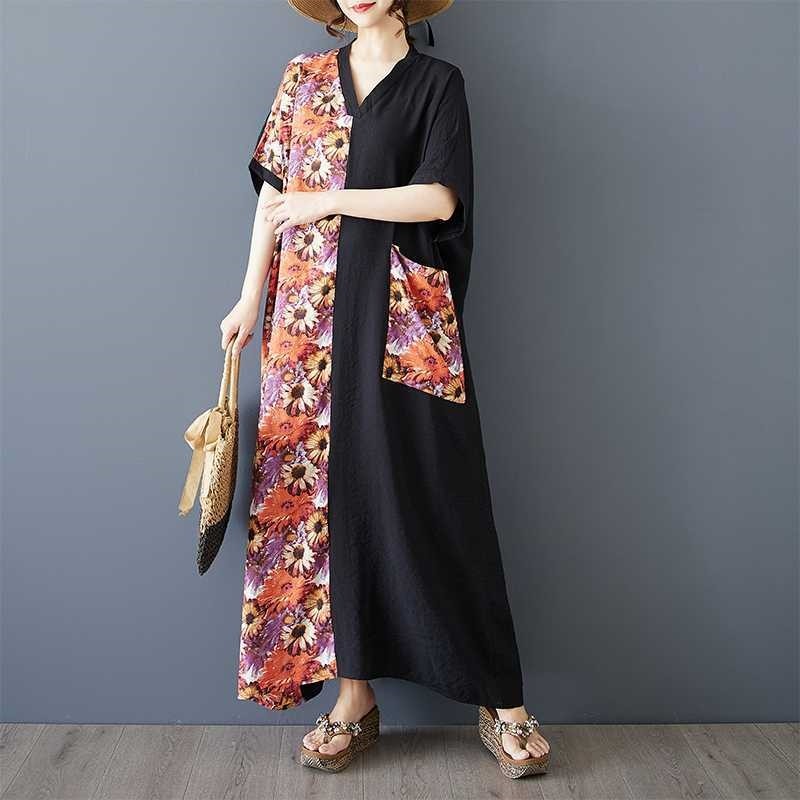 V Neck Printed Loose Long Dress