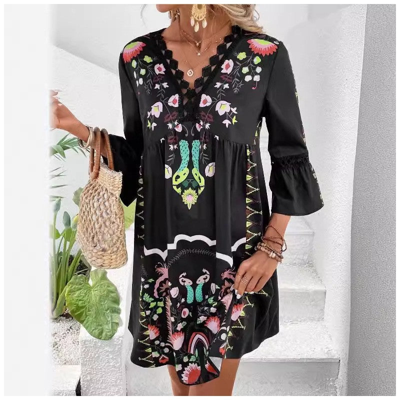 V Neck Lace Trim Print Casual Dress