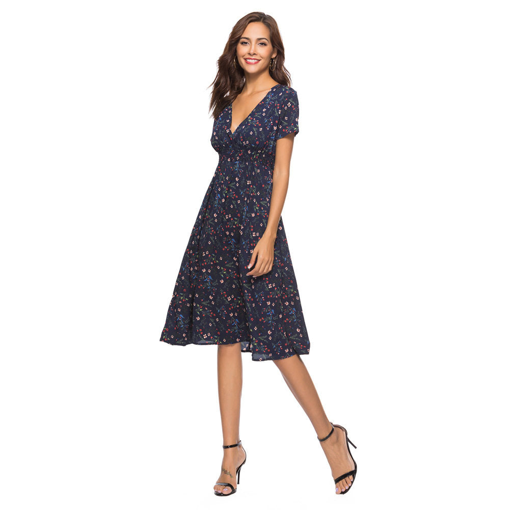 Chiffon Print V-Neck Short Sleeve Bohemian Dress