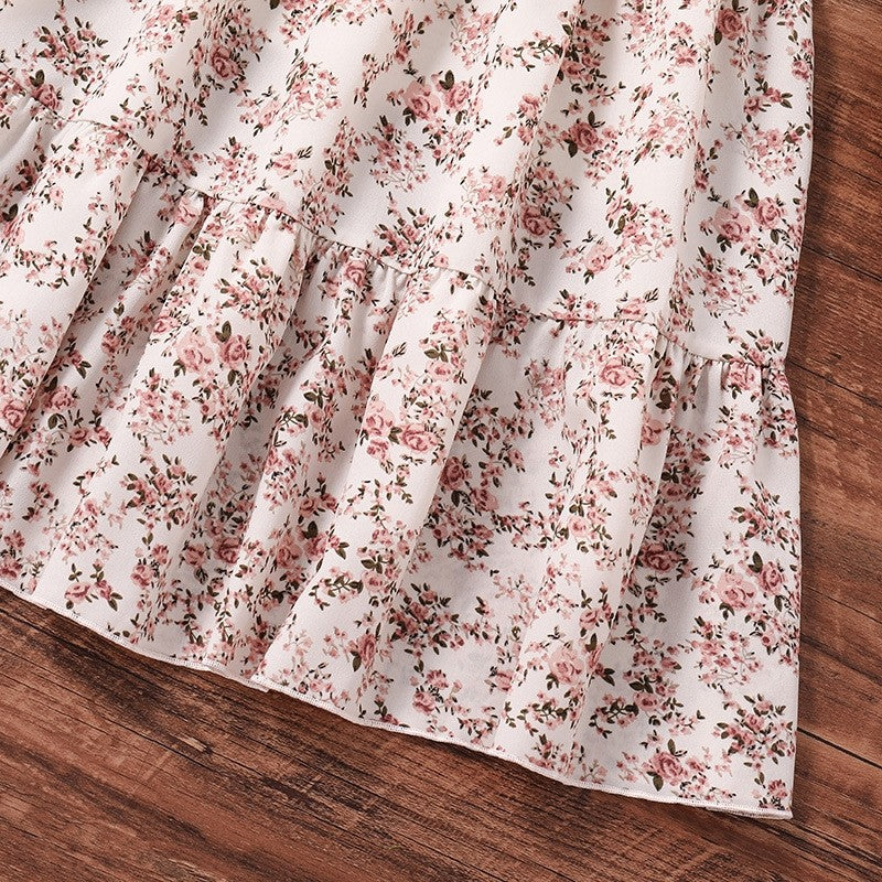 Girl's Dress With Elasticized Ruffles And Printed Flowers