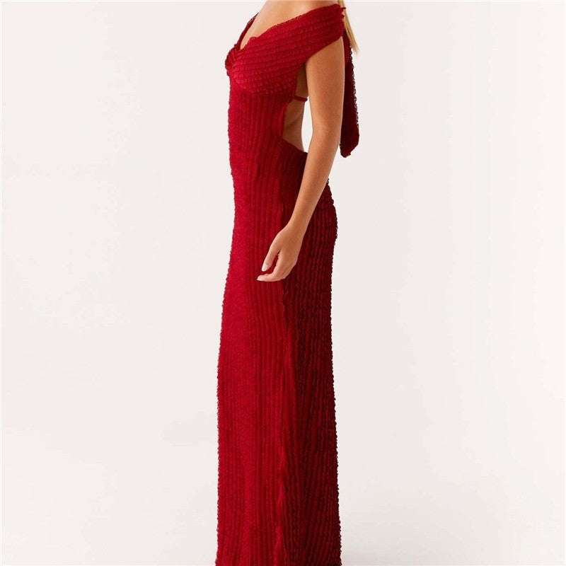 Backless One Shoulder Textured Tie Dress