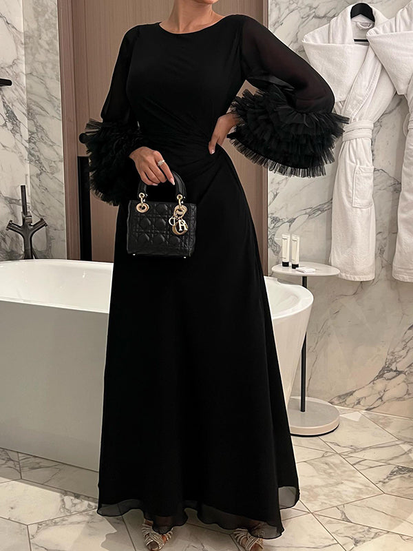 Solid Color Pleated Tied Waist Flared Sleeves Long Sleeves Maxi Dresses