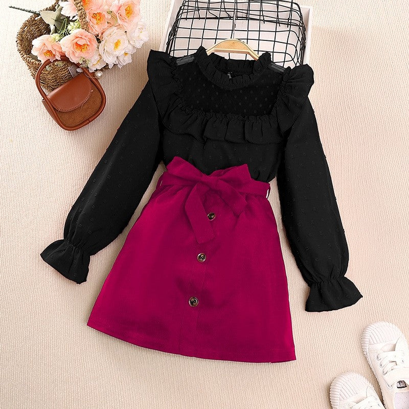 Girl's Lace Polka Dot Long Sleeve Top Half Skirt Set