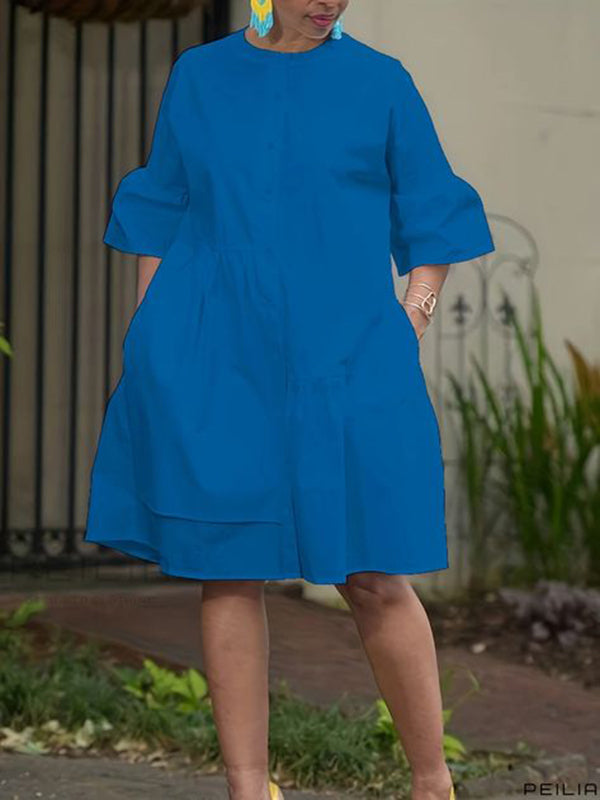Loose Three-Quarter Sleeves Asymmetric Buttoned Pleated Pockets Solid Color Split-Joint Round-Neck Midi Dresses