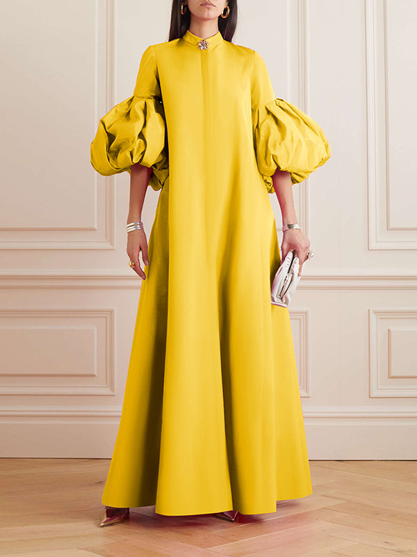 Loose Flower Shape Solid Color Stand Collar Evening Dresses Maxi Dresses