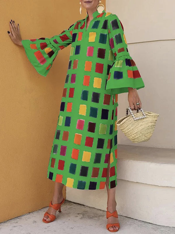 Flared Sleeves Multi-Colored Plaid Split-Joint V-neck Maxi Dresses Midi Dresses
