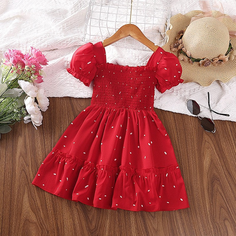 Girls' Polka Dot Square Neck Short Sleeve Dress
