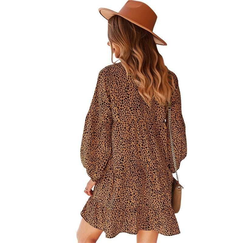 Long Sleeve V-Neck Leopard Print Casual Resort Dress