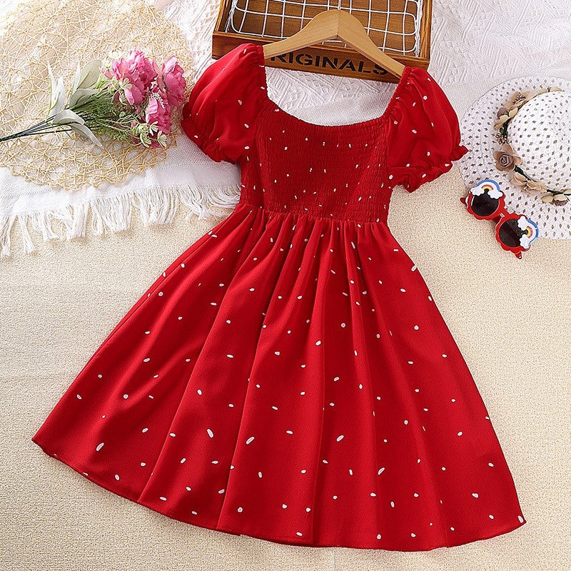 Printed Short Sleeve Elasticized Girls' Dresses