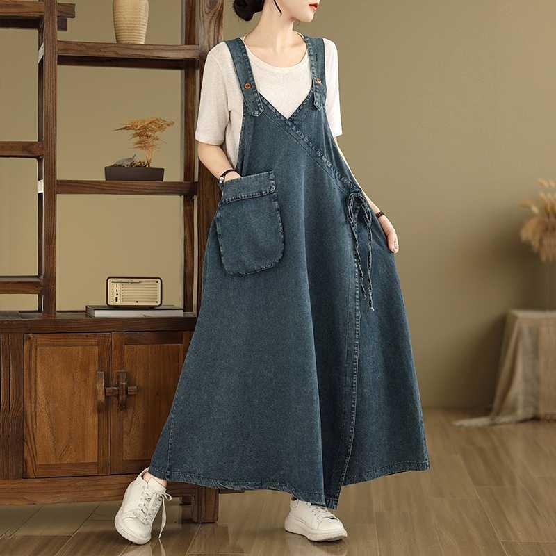 Relaxed Solid Denim Overall Dress