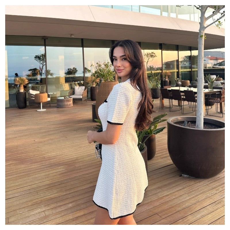 Contrast Trim Short Sleeve Button Front Dress