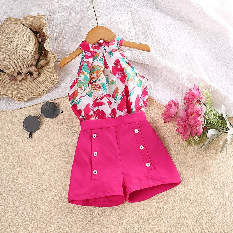 Printed Hanging Neck Top Shorts Girl's Set