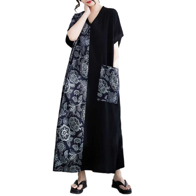 V-Neck Short Sleeve Color Block Maxi Dress