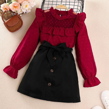 Girl's Lace Polka Dot Long Sleeve Top Half Skirt Set