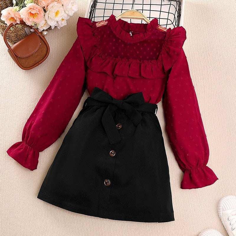 Girl's Lace Polka Dot Long Sleeve Top Half Skirt Set