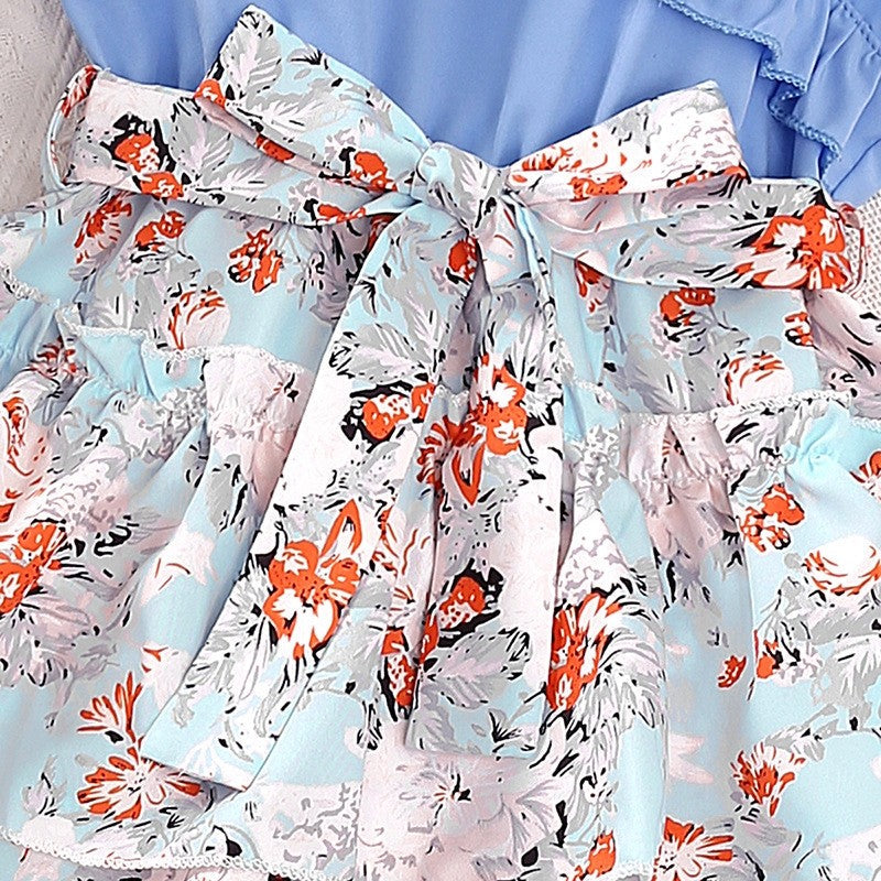 Girl's Lace Neck Fly Sleeve Floral Princess Dress