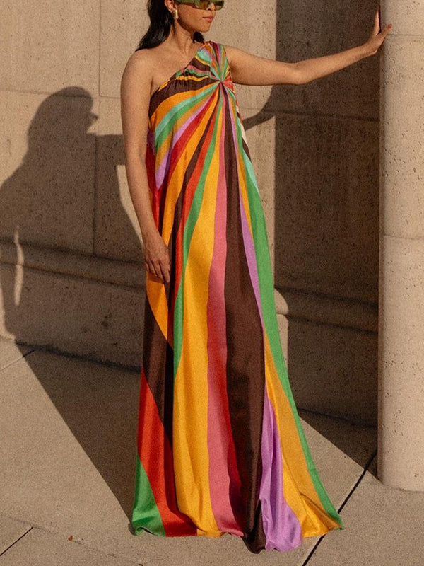 Loose Sleeveless Asymmetric Contrast Color Striped One-Shoulder Maxi Dresses