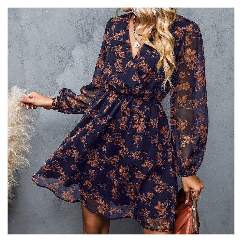 V-Neck Long Sleeve Floral Short Dress