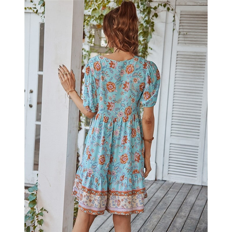 Short Sleeve V-Neck Printed Dress