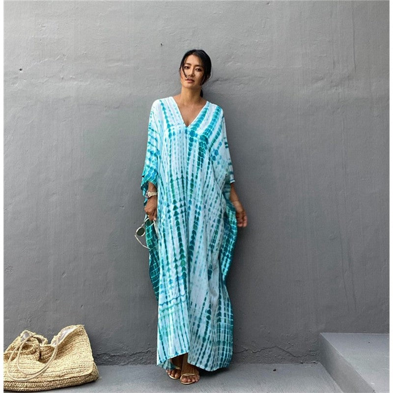 Half Sleeves V-Neck Tie-Dyed Maxi Dress