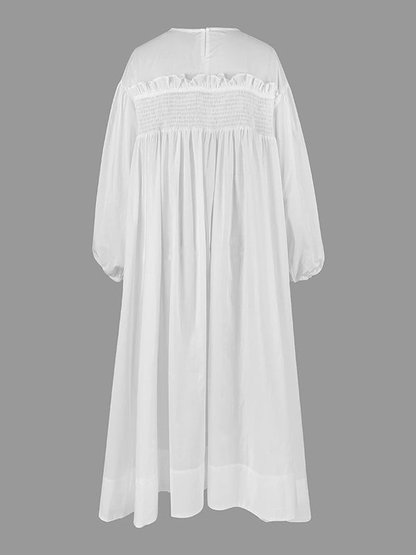 A-Line Long Sleeves Mesh Pleated Pockets See-Through Solid Color Split-Joint Round-Neck Midi Dresses