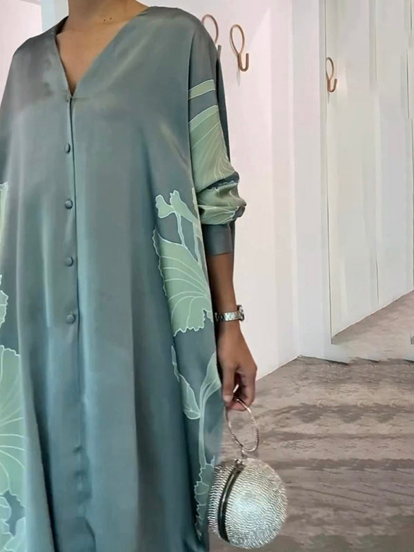 Long Sleeves Buttoned Contrast Color Flower&Leaves Print Muslim V-Neck Midi Dresses