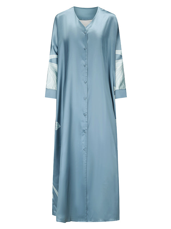 Long Sleeves Buttoned Contrast Color Flower&Leaves Print Muslim V-Neck Midi Dresses