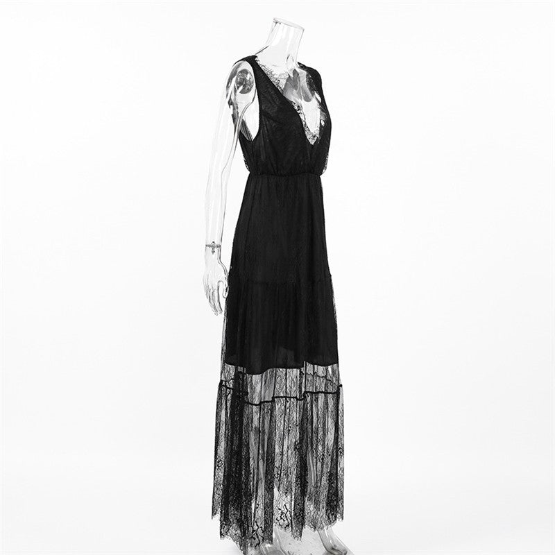 Black Lace Backless V Neck A Line Dress