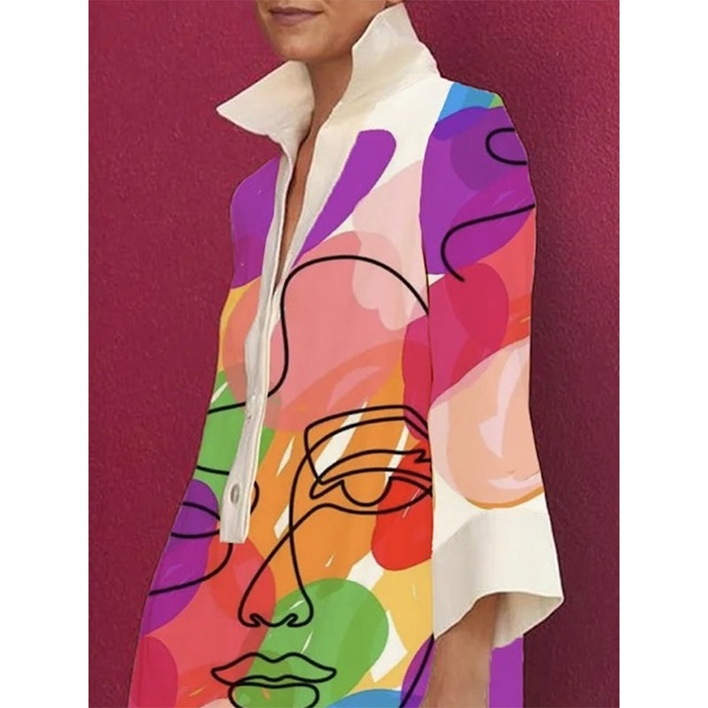 Loose Three-Quarter Sleeves Buttoned Contrast Color Figure Printed Lapel Collar Mini Dresses