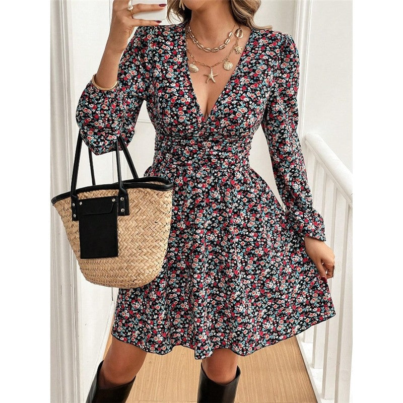 Floral Sleeved Waist-Cinch Short Dress