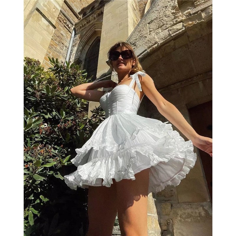 Three-Tier Colorful Silk-Chiffon Dress Pleated Lace-Up Skirt