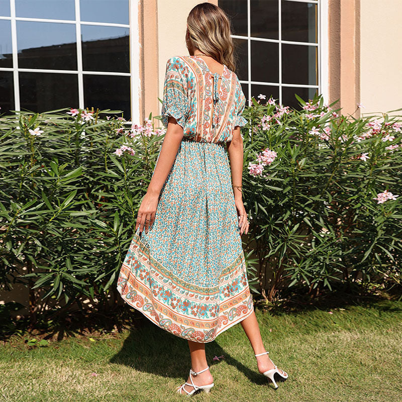Ruffled V-Neck Printed Midi Dress