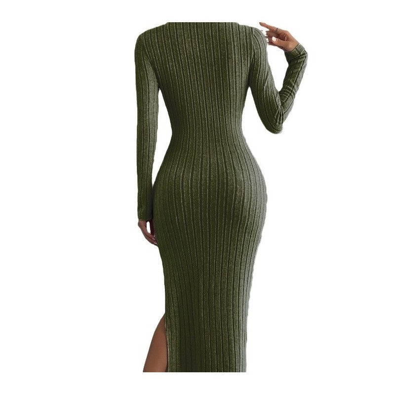 Long Sleeve Round Neck Slit Knit Maxi Dress