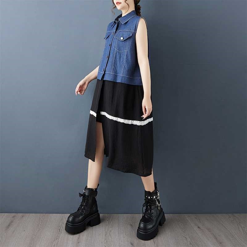 Colorblock Lace Denim Vest Dress