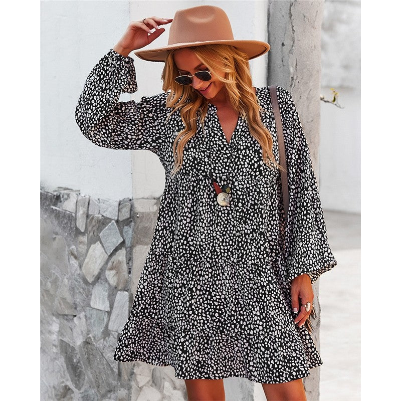 Long Sleeve V-Neck Leopard Print Casual Resort Dress