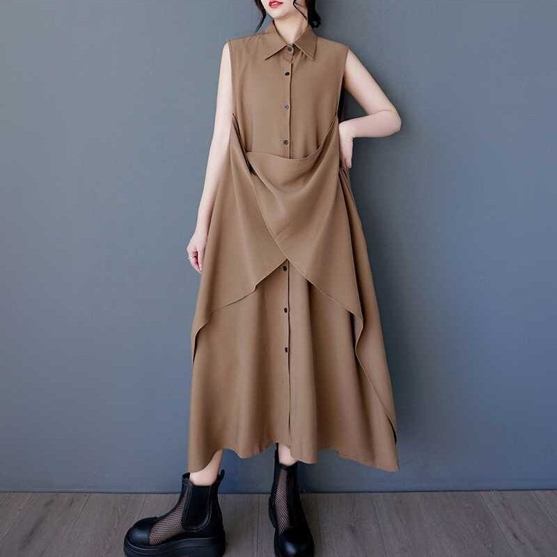 Boho Chic Sleeveless Midi Dress With Loose Fit Pockets